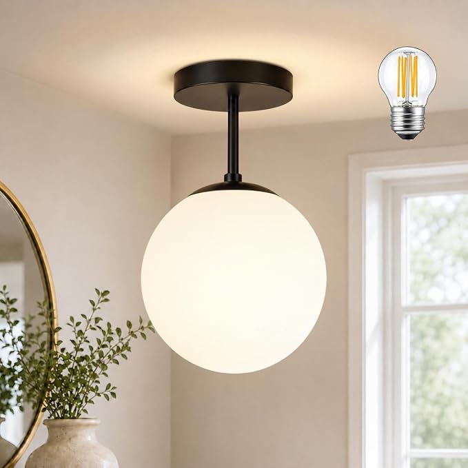 6" Mid Century Modern Globe Semi Flush Mount Ceiling Light Fixture Frosted Glass with Black Finish1-Light Globe Glass Ceiling Lights for Aisle Porch Stairway Closet Kitchen Laundry Room (Bulb Incl.)