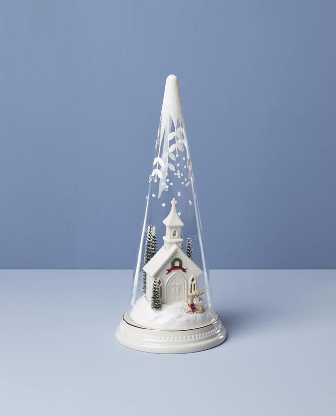 Lenox 896634 Lit Christmas Cone with Church Scene, Holiday Decor