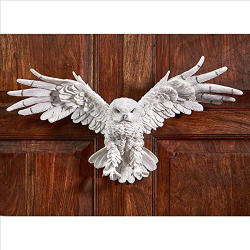 Design Toscano Mystical Snowy Owl Bird Indoor/Outdoor Wall Frieze Sculpture, Medium, 19 inches wide, 11 inches tall, Cast Stone Resin, White Finish