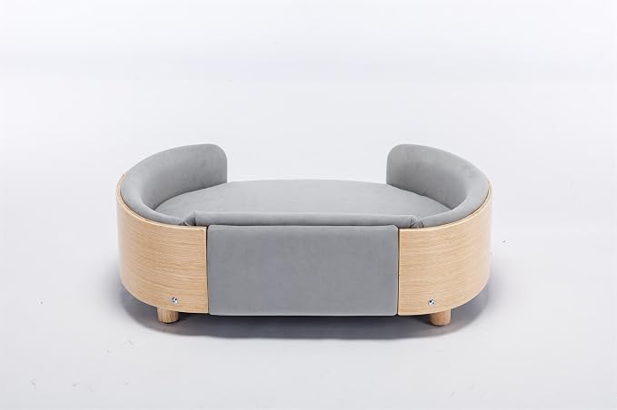 Scandinavian Dog Bed Mid-Century Pet Sofa with Velvet Cushion & Solid Wood Legs, Removable Cover, 30.7” for Medium Dogs, Natural Frame & Light Grey Cushion