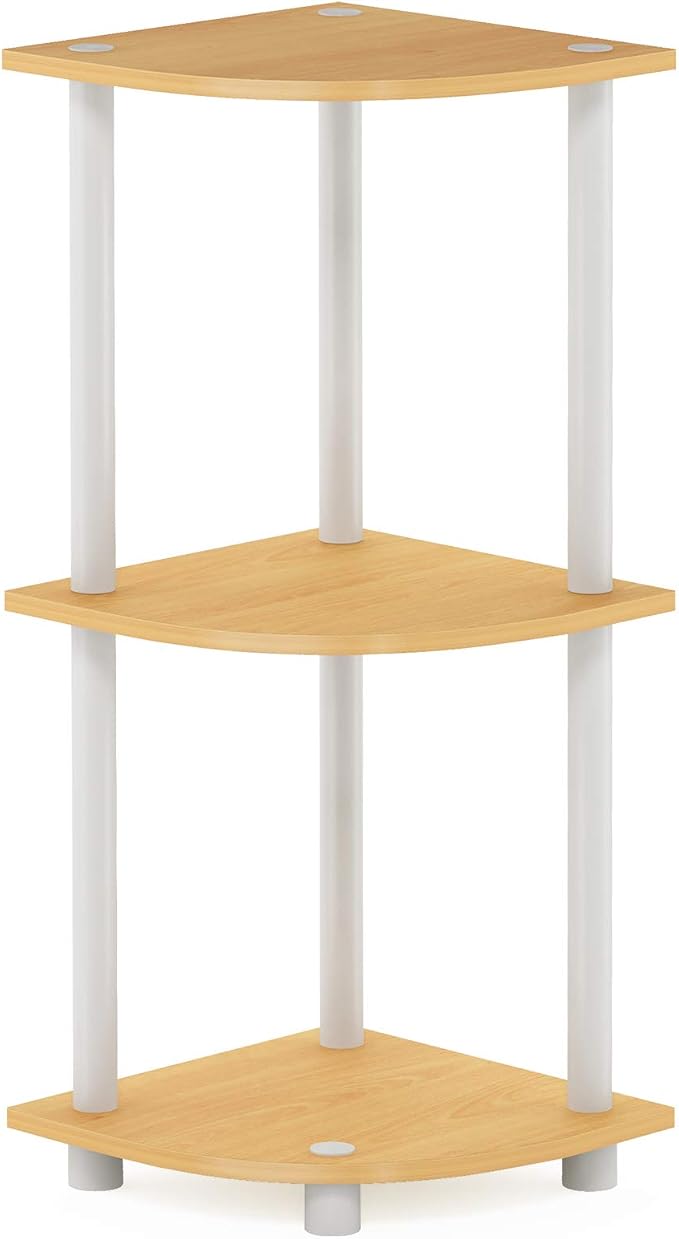 Furinno Turn-N-Tube Toolless Assembly 3-Tier Corner Shelf, Oak Corner Book Shelf, Open Shelves Bookshelf, for Organization and Storage, Living Room, Home Office, Bedroom, Light Beech