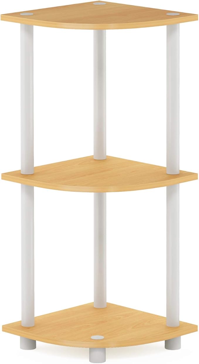 Furinno TURN-N-TUBE Corner Shelf, 3-Tier Corner Bookshelf, Display Storage Shelves with Open Shelves, for Organization and Storage, Living Room, Home Office, Garage, Beech