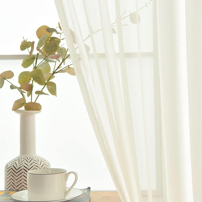 youleyar Solid Sheer Rod Pocket Curtain Voile Draperies 2 Panels White Beige Black Grey Coffee 38 Inch Width 54 Inch Long 1 Pair for Kitchen Bedroom Children Living Room Yard(Ivory,38Wｘ54L)