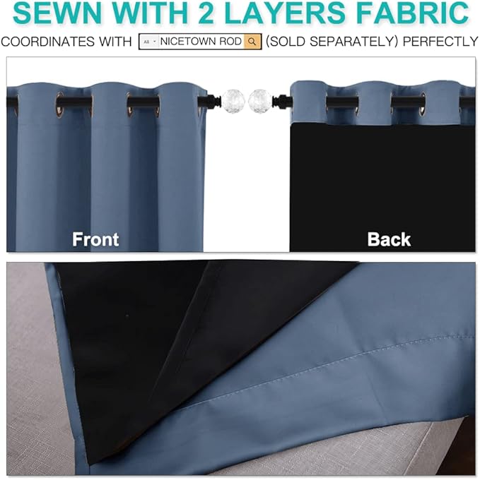 NICETOWN Insulated 100% Blackout Curtains, Noise Reducing Performance Drapes with Black Lining, Full Light Blocking Draperies for Overnight Shift Worker (Stone Blue, 1 Pair, 52 inches x 95 inches)