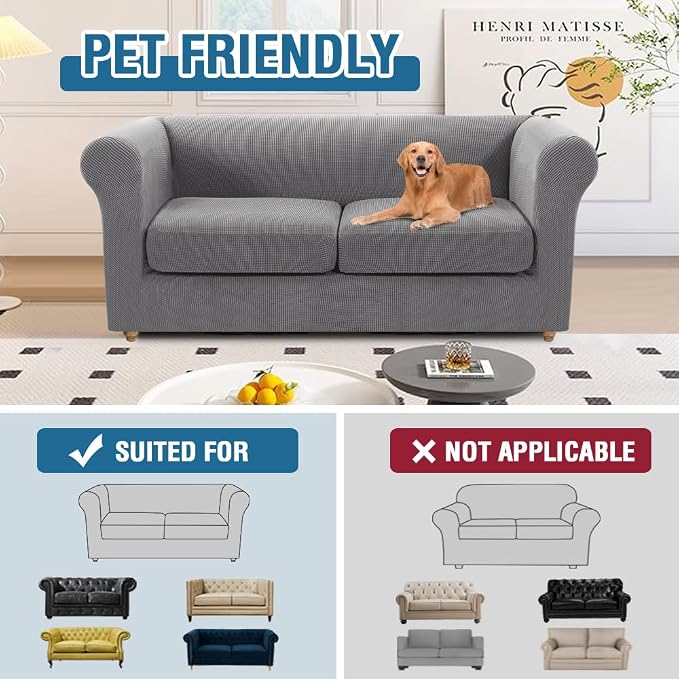 H.VERSAILTEX 3 Pieces Stretch Couch Cover Traditional Chesterfield Loveseat Covers for 2 Cushion Couch Non Slip Mid Century Deep Seat Couch Cover Washable, Thicker Jacquard Fabric(Medium Sofa, Dove)