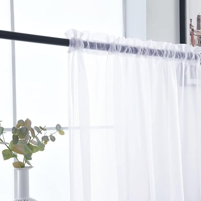 SpaceDresser Optical White Sheer Curtains 4 Panels Rod Pocket Semi-Sheer Curtain 96 Inches Long Light Filtering Voile Window Drapes for Bedroom Living Room Kitchen, Each 52W x 96L