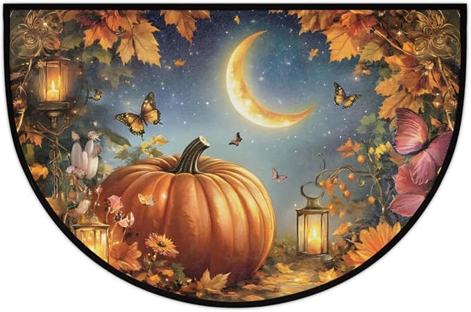 Pumpkin Maple Leaf Butterfly Half Round Door Mat Non-Slip Soft Doormats for Home Indoor Outdoor Entrance Bath Carpet Area Rugs for Home Dining Living Room Bedroom 36" X 24"