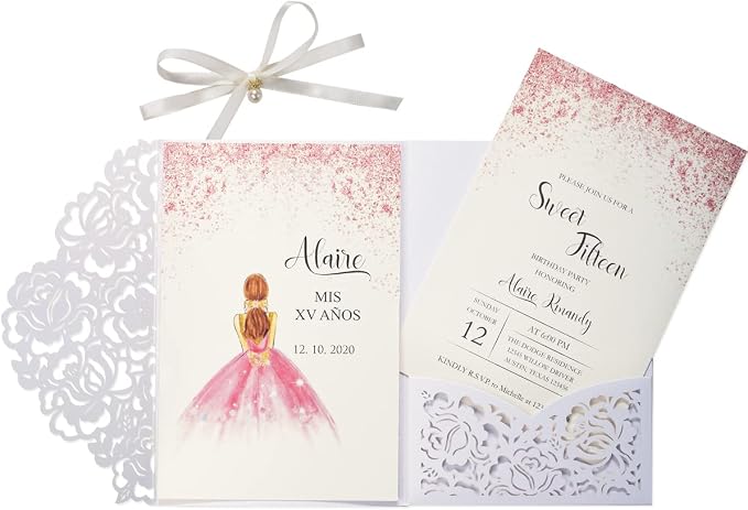 50PCS White Customized Quinceanera Invitation Cards with Envelopes 5x7.3 Inch Laser Cut Hollow Rose Pocket with Ribbon invitations for Quincenera Birthday Invite
