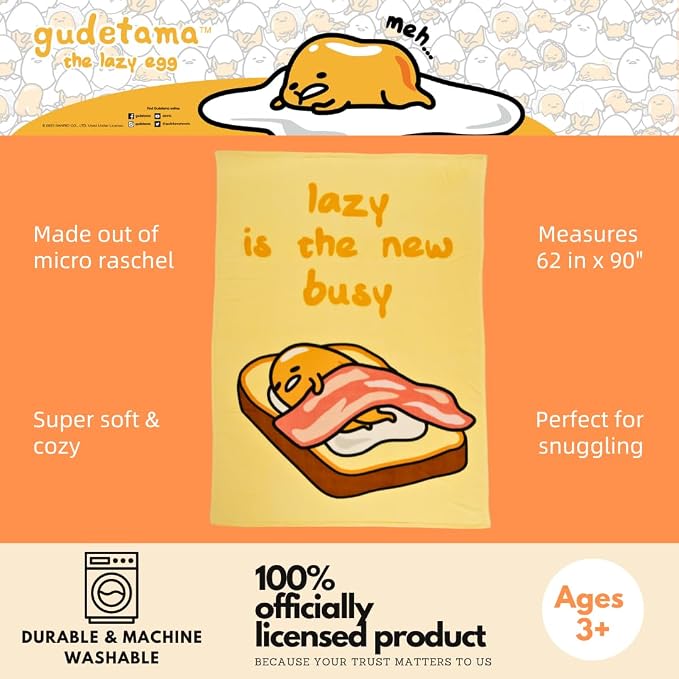 Collectibles Gudetama Bedding Super Soft Cozy Blanket, 62 in x 90 in, (Officially Licensed Product) by Franco
