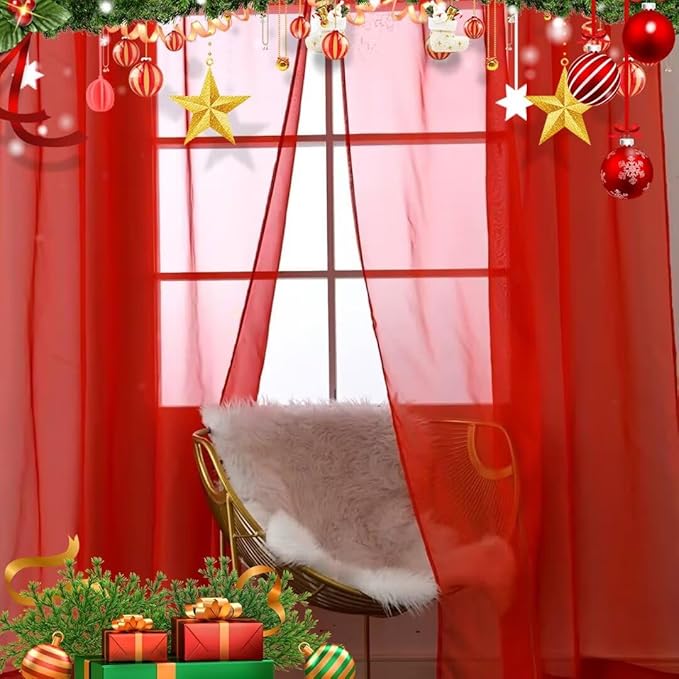 SpaceDresser Basic Rod Pocket Sheer Voile Window Curtain Panels White 1 Pair 2 Panels 42 Width 63 Inch Long for Kitchen Bedroom Children Living Room Yard(Red,42 W x 63 L)