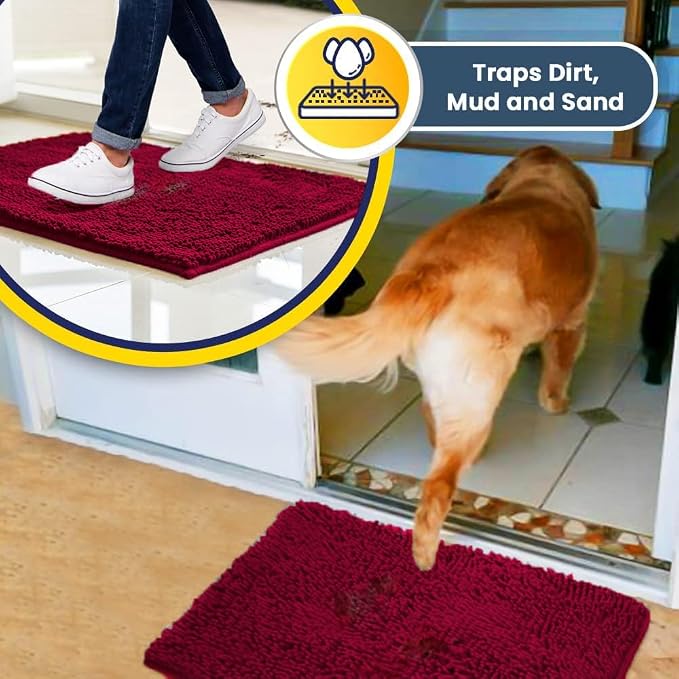 Muddy Mat® | Super Water Absorbent Door Mat Indoor, Microfiber Quick Dry Chenille Entryway Rug, Slip Resistant Front Door Mat, Indoor Mats for Entryway, Machine Washable Pet Rug, Maroon 36" x 46"