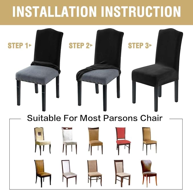 H.VERSAILTEX Velvet Dining Chair Covers Stretch Chair Covers for Dining Room Set of 6 Parson Chair Slipcovers Chair Protectors Covers Dining, Soft Thick Solid Velvet Fabric Washable, Black