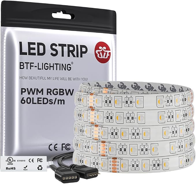 BTF-LIGHTING RGBW LED Strip Lights,UL Listed,5050 4 Colors in 1 RGB + 2700K-3000K Warm White,24V DC,16.4ft/5m 60LEDs/m 12mm White PCB, IP65 Waterproof for Home Decoration(No Adapter or Controller)