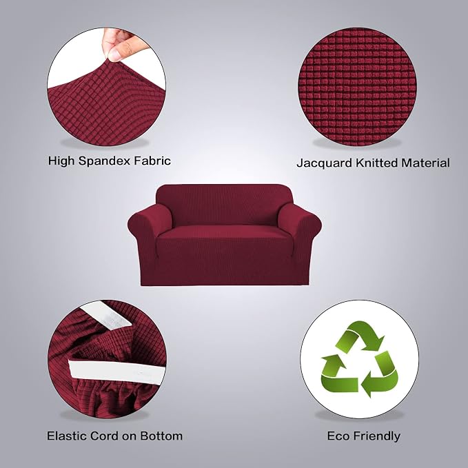 H.VERSAILTEX Stretch Couch Cover Loveseat Covers for 2 Cushion Couch Loveseat Slipcover|Sofa Cover for Love seat 1 Piece, Textured Checked Jacquard Fabric(58'-70' Wide, Burgundy Red)