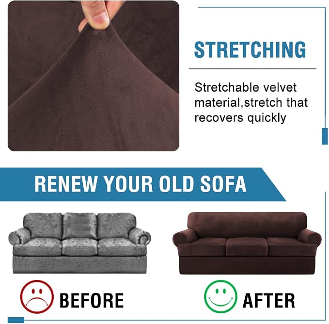 H.VERSAILTEX Sofa Cover 4 Piece T Cushion Sofa Slipcovers Thick Velvet Couch Cover Furniture Protector Stretch T Cushion Sofa Covers for 3 Cushion Couch with 3 Individual T Cushion Covers, Brown