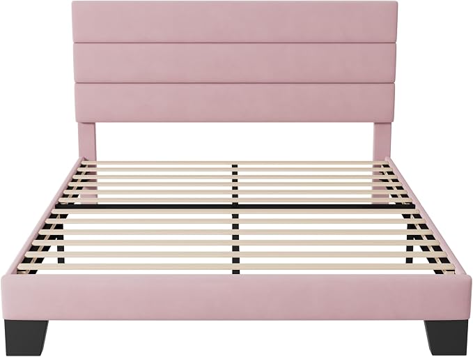Allewie Full Size Platform Bed Frame with Velvet Upholstered Headboard Pink | Wooden Slats Support, Fully Upholstered Mattress Foundation, No Box Spring Needed, Easy Assembly, Noise-Free, Pink
