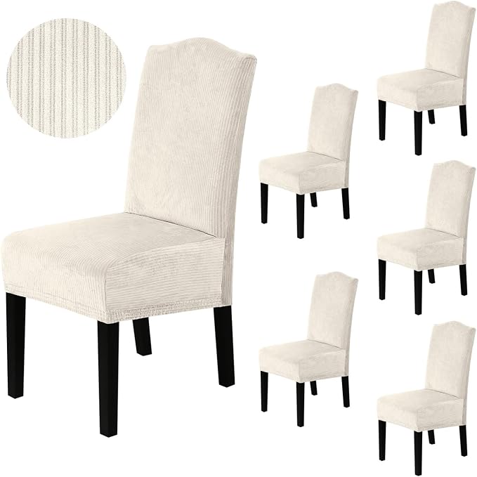 H.VERSAILTEX Velvet Dining Chair Covers Stretch Chair Covers for Dining Room Set of 6 Parson Chair Slipcovers Chair Protectors Covers Dining, Soft Thick Solid Velvet Fabric Washable, Ivory Striped