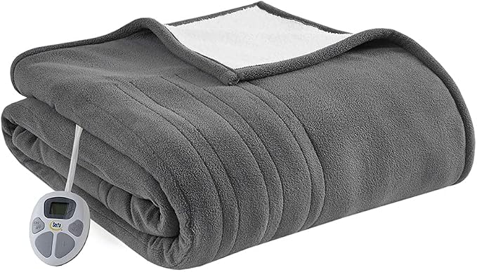 Serta Reversible Fleece to Sherpa Electric Blanket, Fast Heating, Auto Shut Off Timer, Multi Heat Setting, ETL Certified, Machine Washable, Grey Twin 84"x 62"