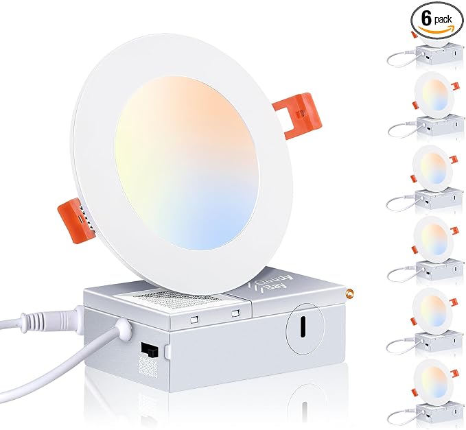 CLOUDY BAY 6 Pack 4 Inch 5CCT Ultra-Thin LED Recessed Ceiling Light with Junction Box,2700K/3000K/3500K/4000K/5000K Selectable,10W Dimmable Canless Wafer Downlight,White,650LM High Brightness
