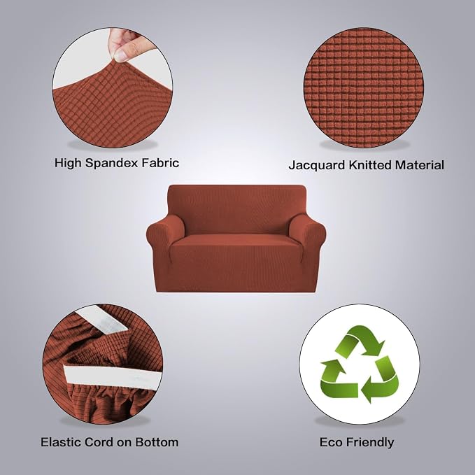 H.VERSAILTEX Stretch Couch Cover Loveseat Covers for 2 Cushion Couch Slipcover|Sofa Cover for Loveseat 1 Piece with Elastic Bottom, Checked Jacquard Fabric(58'-70' Wide, Rust)