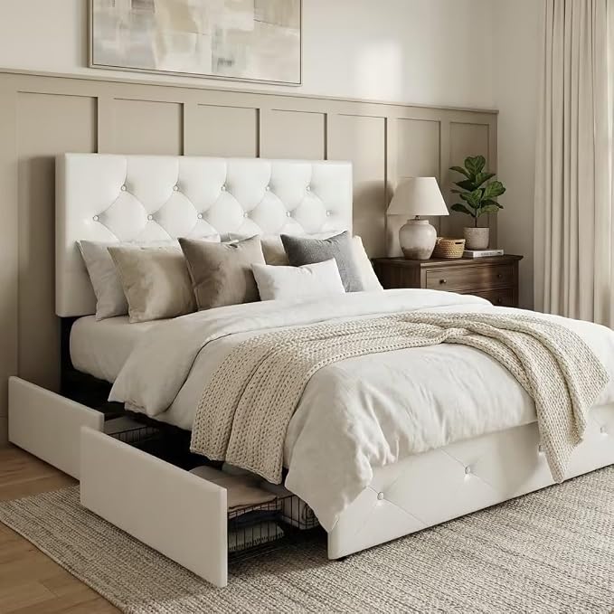 Allewie Upholstered Queen Size Platform Bed Frame with 4 Storage Drawers and Headboard, Diamond Stitched Button Tufted, Mattress Foundation with Wooden Slats Support, No Box Spring Needed, White