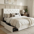 Allewie Upholstered Queen Size Platform Bed Frame with 4 Storage Drawers and Headboard, Diamond Stitched Button Tufted, Mattress Foundation with Wooden Slats Support, No Box Spring Needed, White