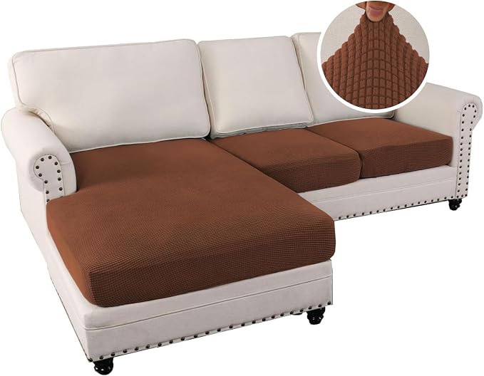H.VERSAILTEX Sectional Couch Covers 3 Pieces Sofa Seat Cushion Covers L Shape Separate Cushion Couch Chaise Cover for Both Left/Right Sectional Couch (Seat Only: 1 Chaise + 2 Sofa, Caramel)