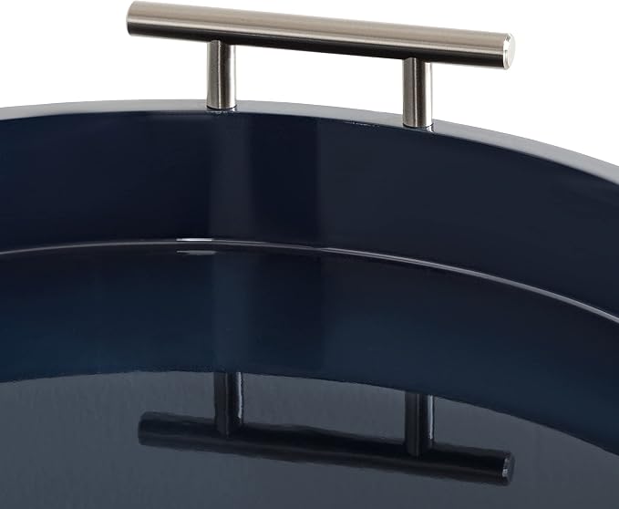 Kate And Laurel Lipton Modern Round Tray; 15.5 Diameter; Navy and Silver; Decorative Accent Tray for Storage and Display