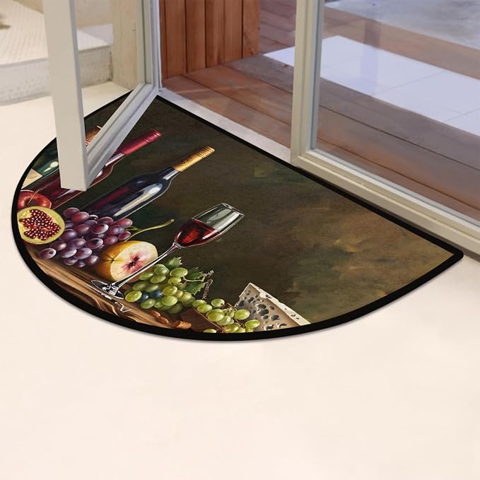 Wine Half Round Doormat Non-Slip Semi Circle Rug Half Moon Mat | Kitchen Grape Cheese Washable Soft Absorbent Indoor Outdoor Entrance Kitchen Bathroom Sink Patio Welcome Fireplace Floor Rug