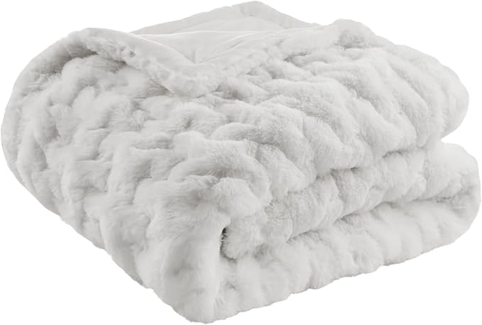 Madison Park Ruched Fur Throw Faux Fur Blanket, 50" x 60", Silver Grey | Luxury, Premium, Soft Cozy Brushed Long Pile, All Season Plush Modern OEKO- TEX Certification Warm For Bed, Couch or Sofa