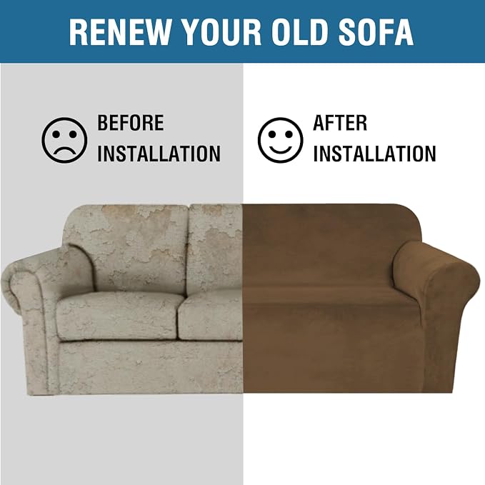 H.VERSAILTEX Stretch Velvet Loveseat Covers for 2 Cushion Couch Covers for Living Room Sofa Covers Slipcovers with Non Slip Straps Bottom, Ultra Thick Comfy Velour (Width 58"-72", Bronze Brown)