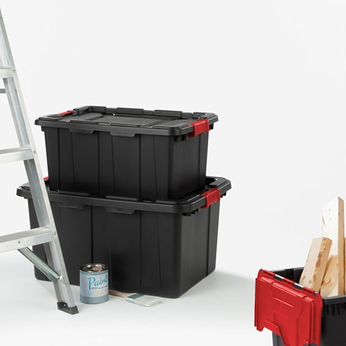 Sterilite Industrial Storage Tote with Lids for Garage, 15 Gallon, 12-Pack | Heavy-Duty and Stackable Utility Box Containers for Home, Office, and Basement Organization, Black
