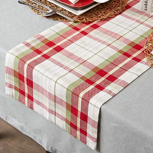 DII Orchard Plaid Collection Linen Tabletop Essentials, Table Runner, 14x72, Taupe/Red - Image 5