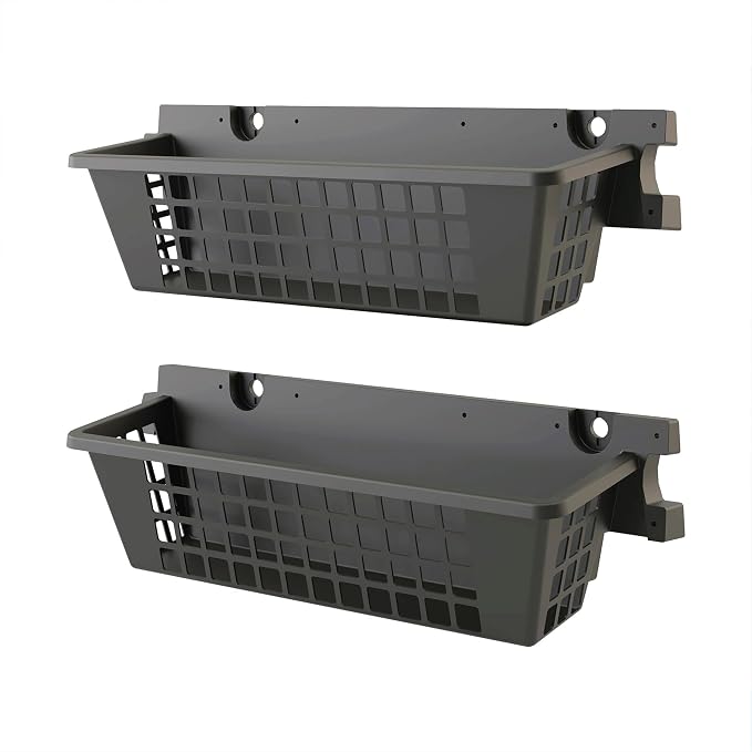 Suncast 2-Pack Accessory Baskets, Resin Organizers for Shed, Black, 25" x 7.25" x 7" - Outdoor Storage Organization, 30 lb Weight Capacity Per Shelf Basket, EZ Bolt Wall-Mount Assembly