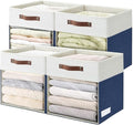 Bagnizer Storage Cubes, 4 Pack Linen Foldable Storage Bins (13 x 13 inch) with Clear Window and Handles, Fabric Organizer for Shelf Closet, Clothes, Books - (Navy Blue and White)