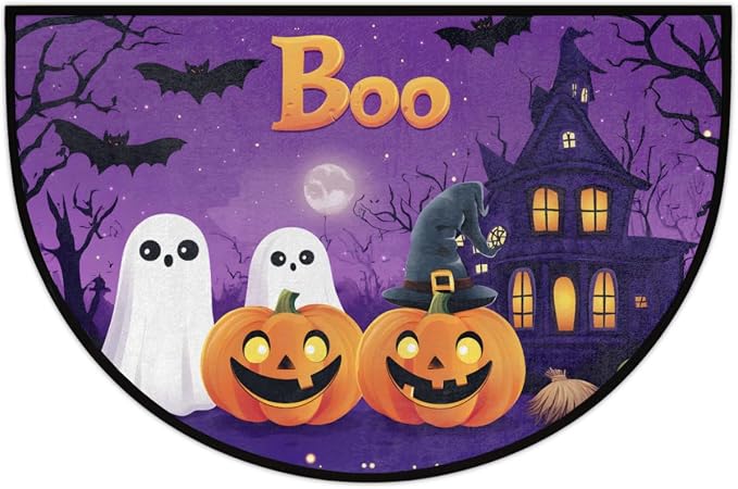 Halloween Half Round Door Mat Outdoor Doormat Bedroom Entrance Rug A1 | Halloween Pumpkin Ghosts Semi Moon Door Mat Non-Slip Absorbent Kitchen Rug Indoor Welcome Bath Mat 36" X 24"