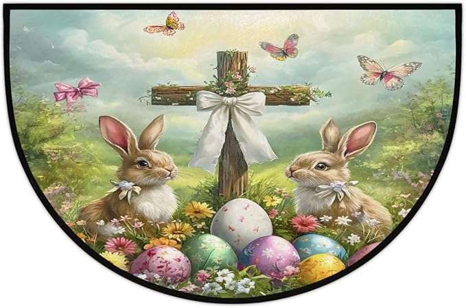 Easter Rabbit Half Round Rug Half Moon Door Mat Half Circle Rugs | Eggs Holiday Washable Non-Slip Semi Circle Rug Welcome Half Round Door Mat Indoor Entrance Kitchen Bedroom Living Room Decor
