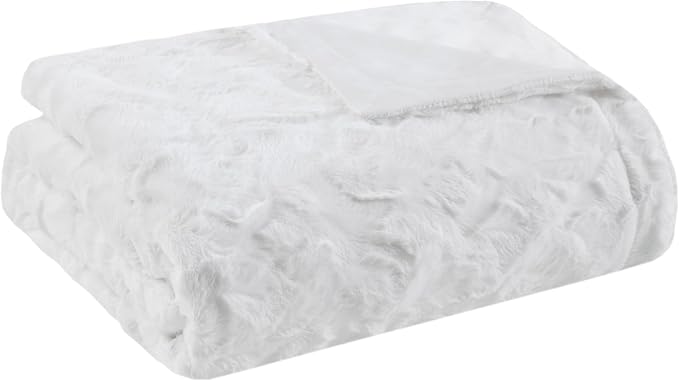 Madison Park Zuri Faux Fur Reversible Throw Blanket, 50 x 60 in, White | Oversized Soft Plush, Luxury, Animal Stripes, Mink Reverse, Modern, All Season, for Bed Sofa Couch, OEKO-TEX Certified
