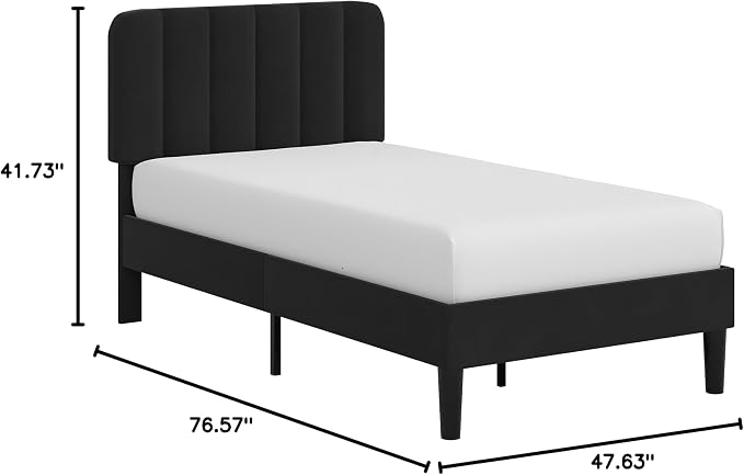 VECELO Twin Size Bed Frame with Upholstered Headboard, Velvet Platform Bedframe Mattress Foundation, Strong Wood Slat Support, No Box Spring Needed,Black
