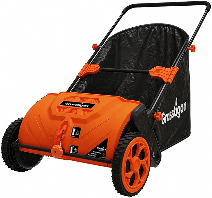 Grasstigon 21-Inch Manual Push Lawn Sweeper, Leaf Collector for Grass Clippings, Leaves & Debris, Leaf Picker Upper with Large 3.64 ft³ Hopper, Durable Wheels, Orange & Black