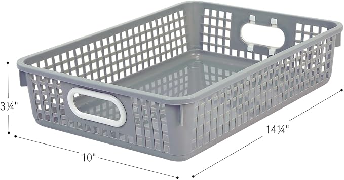 Really Good Stuff Multi-Purpose Small Desktop Paper Storage Baskets | 14" x 10" x 3.25", Set of 4, Neutral Group Colors, Classroom Organization, Stackable Mesh Plastic Baskets with Grip Handles