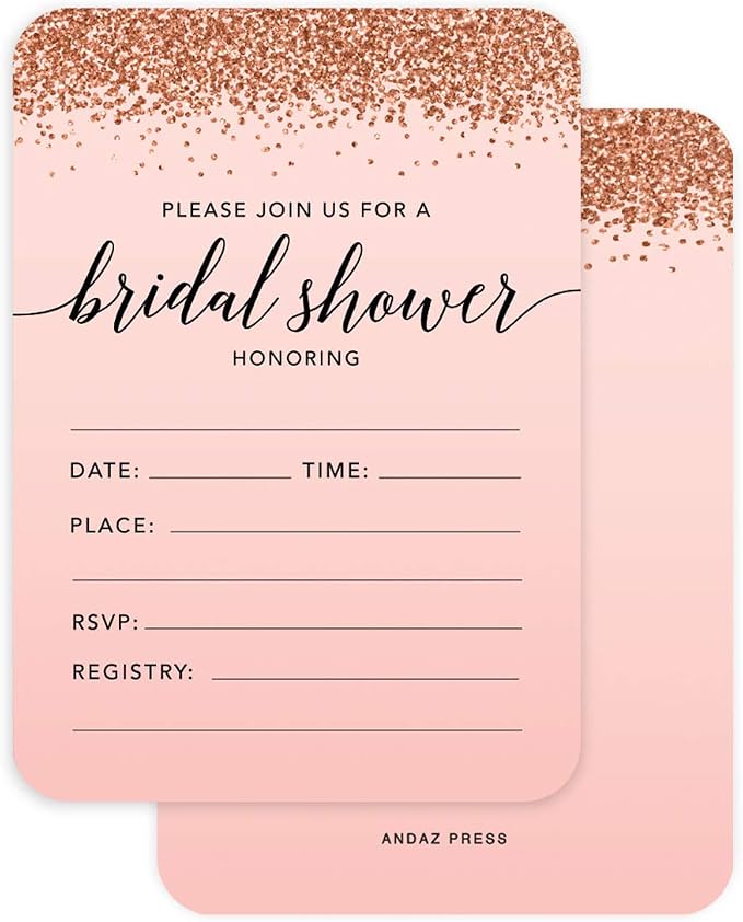 Andaz Press Blush Pink and Rose Gold Glitter Elegant Party Collection, 5x7-inch Invitations with Envelopes, Bridal Shower, 24-Pack, Double Sided Printing, Heavy Card Stock, Includes Envelopes