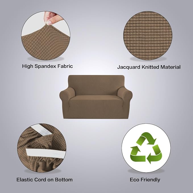 H.VERSAILTEX Stretch Couch Cover Loveseat Covers for 2 Cushion Couch Sofa Slipcover for Love Seat 1 Piece with Elastic Bottom, Checked Jacquard Fabric(Loveseat 58"-70" Wide, Macchiato)