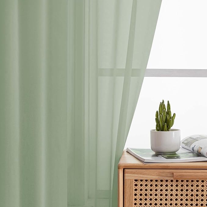 Cafe Curtains 36 Inch Length Tier 2 Pieces, Modern Soft Airy Sheer Kitchen Short Curtains for Small Window, Rod Pocket Small Curtain for Bathroom Basement, Sage Green, Each, 42"Wx36"L Inches