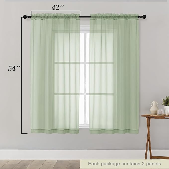 Light Green Sheer Curtains for Bedroom Living Room 54 Inch Length 2 Panels Set - Image 2
