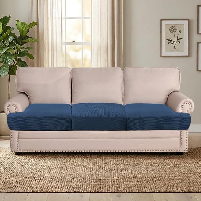 H.VERSAILTEX Stretch 3 Piece T Cushion Sofa Slipcovers Individually Sofa Cushion Covers for 3 Cushion Couch Sofa Seat Cushion Covers with Elastic Bands Featuring Thicker Jacquard Fabric, Navy