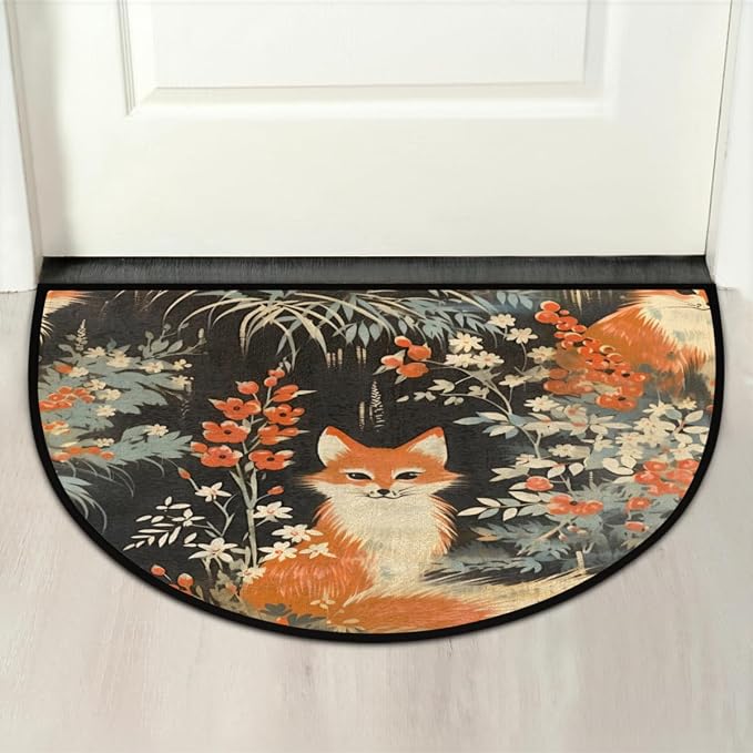 Vintage Fox Pattern Half Round Door Mat, Non-Slip Entrance Welcome Mat for Indoor Semi Circle Bathroom Floor Rugs Outdoor Mats House Entry Way Heavy Duty Doormat for Kitchen Living Room 36x24 Inch