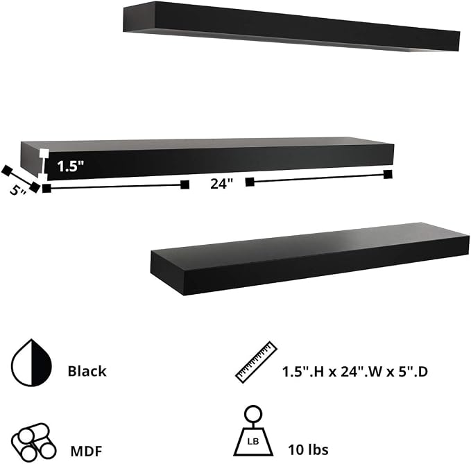 Kiera Grace Set of Three Maine Simple & Classic Decorative Engineered Wood Floating Wall Shelves for Home, Room, & Office, 24" L x 4.75" W x 3" H, Black