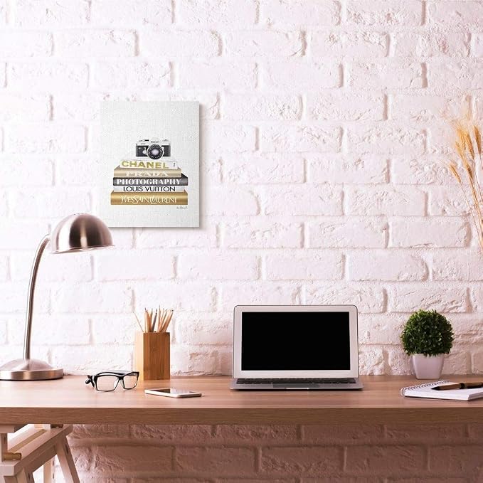 Stupell Industries 'Camera Gold Black Bookstack'| Canvas Art | Stupell Industries | 16 x 20 Inches, Easy to Hang and Sturdy, Made in USA, by Amanda Greenwood