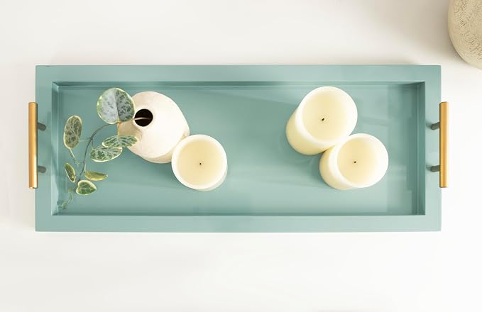 Kate and Laurel Halsey Rectangle Decorative Narrow Tray with Gold Metal Handles; 24 x 10; Blue and Gold; Modern Glam Slim Serving Tray with Handles for Living Room Decor